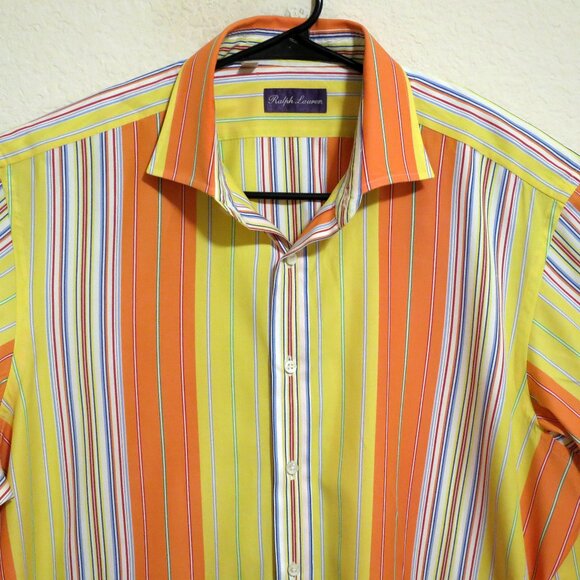 Ralph Lauren Shirt Mens 17.5 Purple Label Long Sleeve Button Yellow Striped